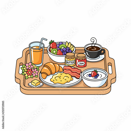 Fotografie A delightful cartoon illustration of a hearty breakfast served on a wooden tray