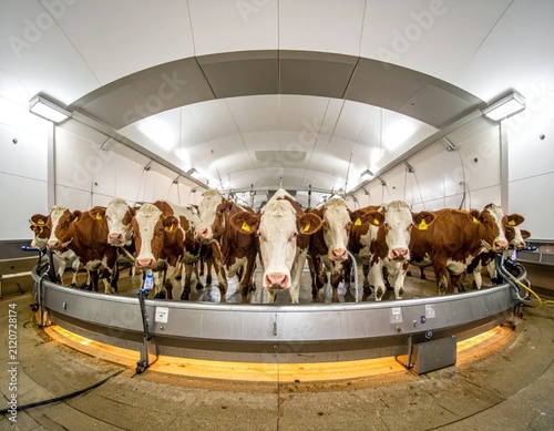 Cows Standing In Modern Industrial Rotary Milking Parlor