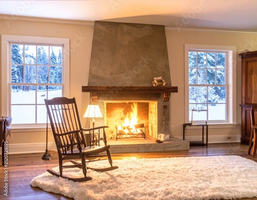 Cozy living room with fireplace and snowy window view.