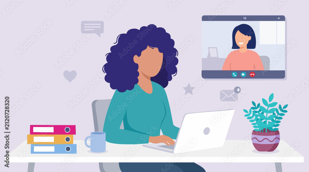 Fototapeta premium Woman working from home, engaged in a virtual meeting via laptop