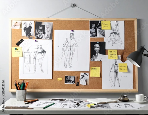 Creative artist studio desk with sketches and mood board.