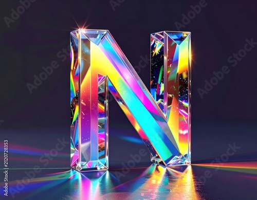 Crystal 3D letter N with rainbow prism light effects.
