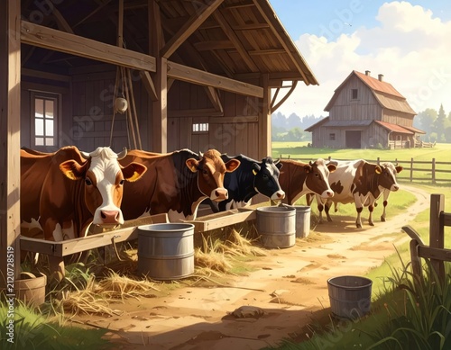 Dairy cows feeding inside rustic wooden farm stable.