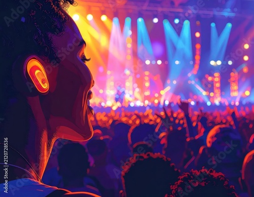 Crowd silhouettes at vibrant live music concert.