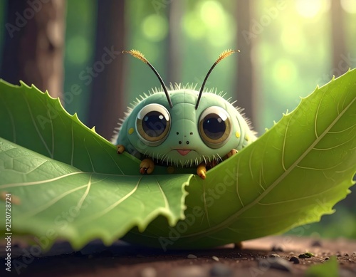 Cute green insect character on leaf