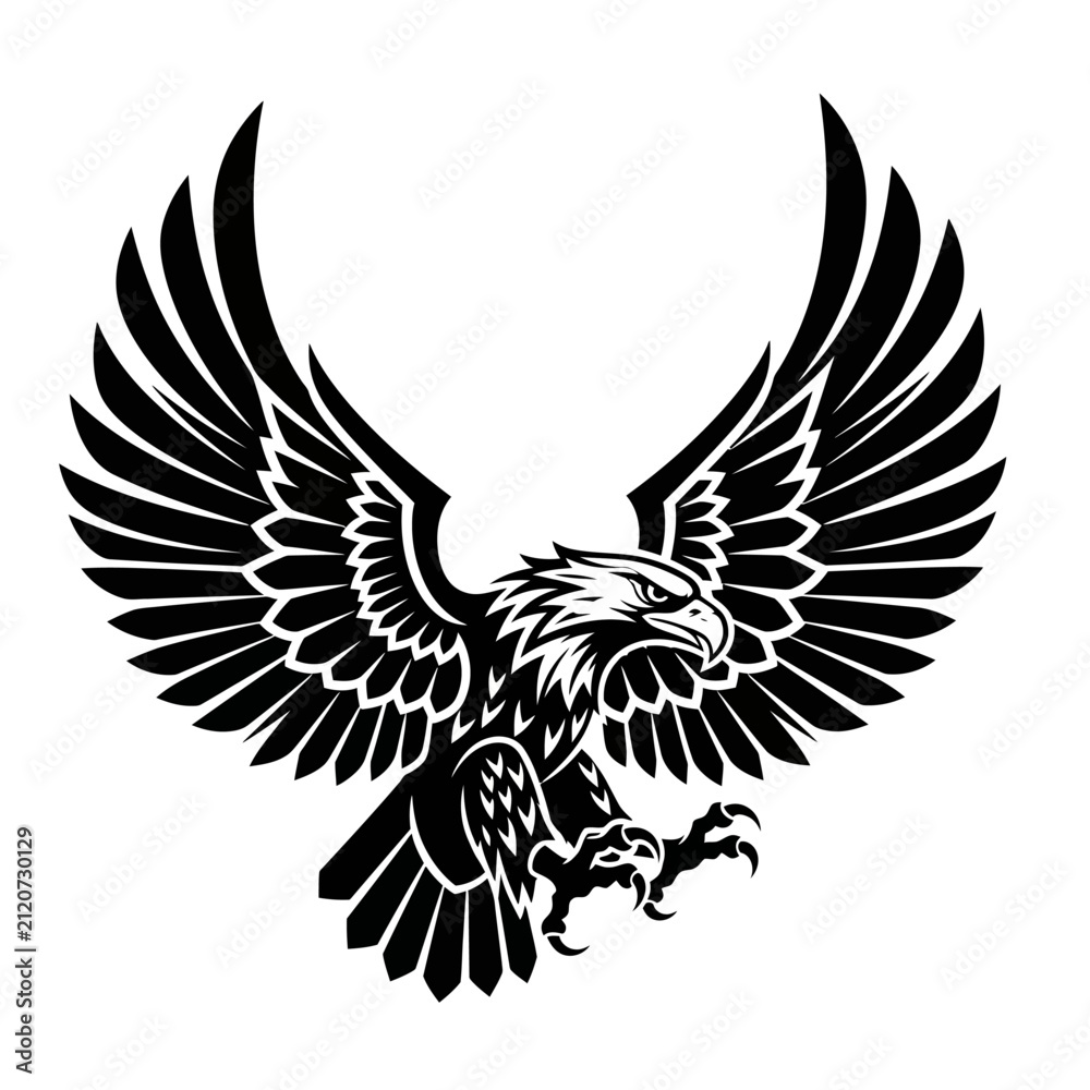 Obraz premium Stylized black and white vector illustration of an eagle flying with wings spread wide.