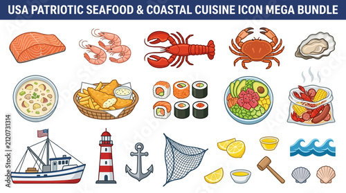 Seafood and Coastal Cuisine Icon Collection Featuring Marine Life and Nautical Elements for Culinary Design Projects
