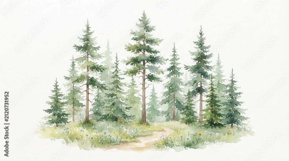 Obraz premium Serene watercolor illustration of tall evergreen trees and a grassy meadow.