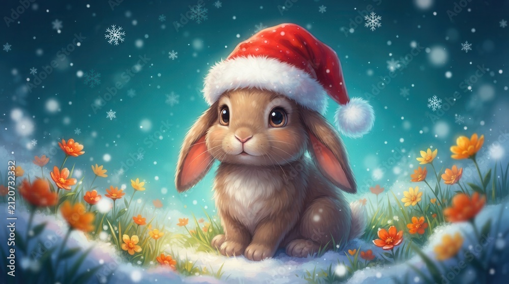 Obraz premium A cute bunny wearing a red Santa hat sits in snowy grass with colorful flowers.