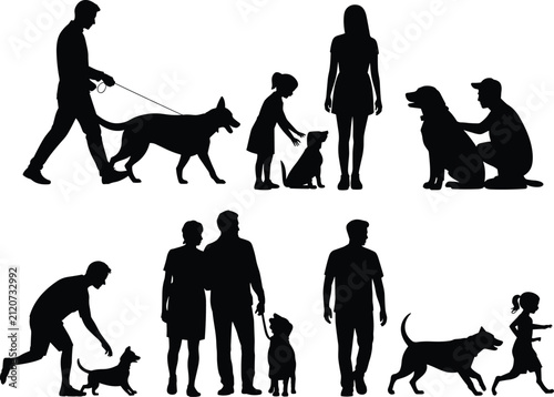 Fotografie Silhouette collection of people walking and playing with dogs in various daily situations and outdoor recreational activities