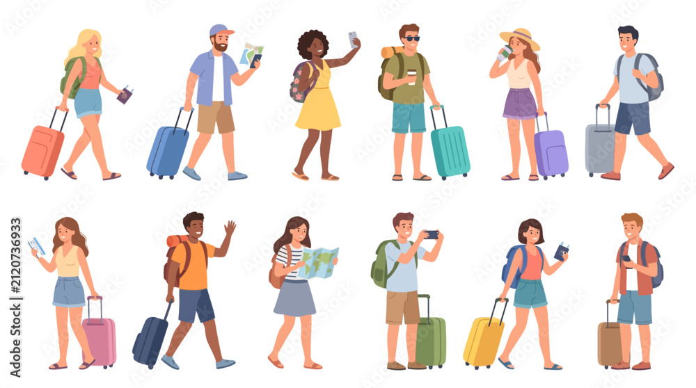 Fototapeta premium A set of vacation travelers in flat vector illustration style, young men and women enjoying holidays, walking with rolling suitcases, carrying backpacks, vector illustration