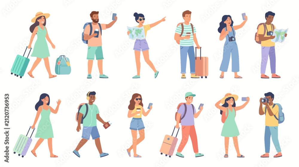Fototapeta premium A set of vacation travelers in flat vector illustration style, young men and women enjoying holidays, walking with rolling suitcases, carrying backpacks, vector illustration