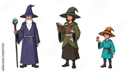 Three wizards of different ages, an old man, a woman, and a child, dressed in magical robes and hats, standing together.