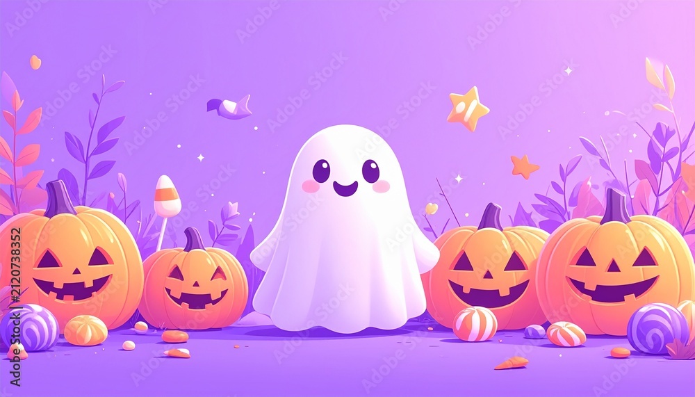 Fototapeta premium Cheerful Kawaii Ghost Surrounded by Smiling Pumpkins and Candy Treats