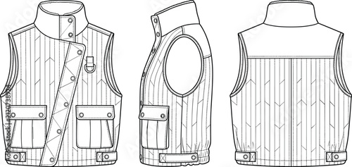 Technical flat sketch of a quilted utility vest with asymmetric snap closure and multiple cargo pockets.
