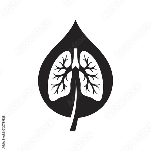 Minimalist human lungs icon inside leaf shape for health concept