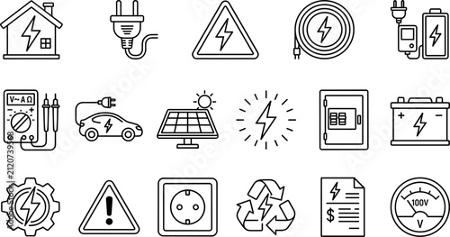 Home electrical power engineering and green energy utilities line icon set for electric vehicle charging infrastructure solar installations