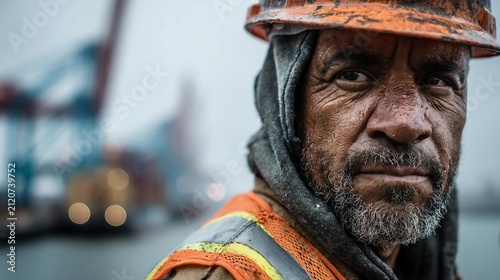 Mature male construction worker wearing an orange hard hat and reflective safety vest
