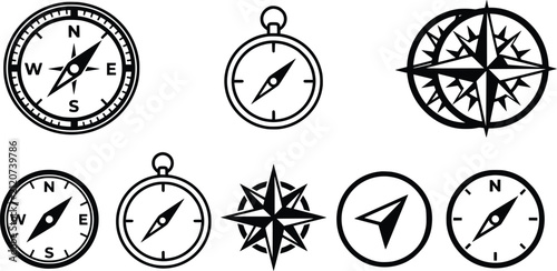 Vintage compass icons set, nautical navigation symbols in black and white eps format, 8 antique wind rose and map direction elements