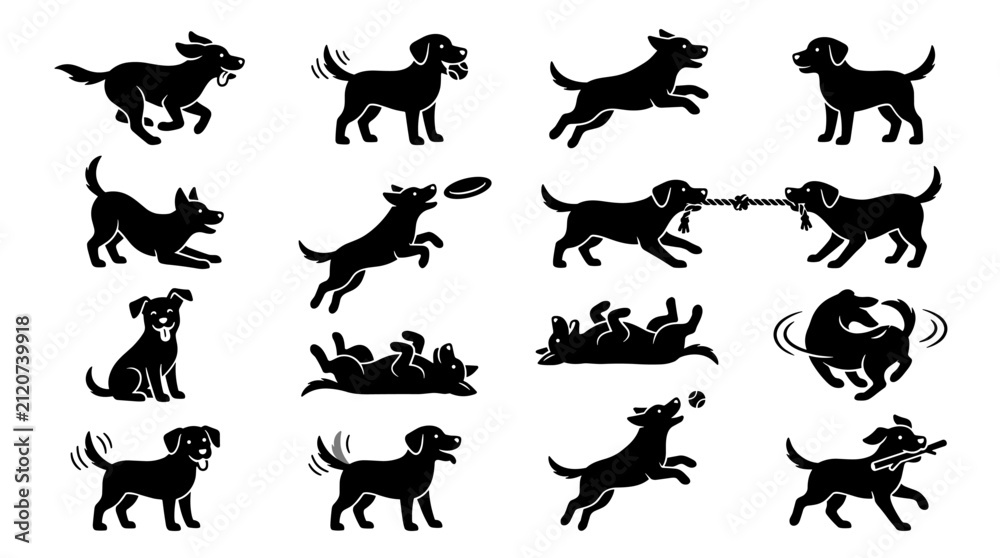 Obraz premium Playful Dog Silhouette Collection — 16 Action Poses Running Fetching Jumping Frisbee and Rope, Black and White Set