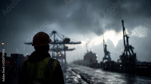 Worker in hard hat and safety vest standing at a busy cargo port during heavy rainfall