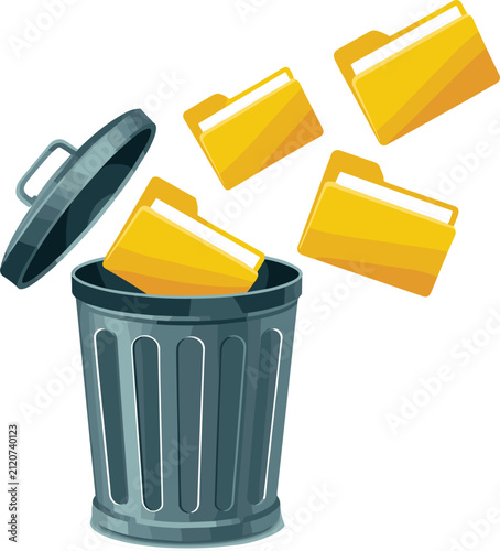 Data deletion concept vector illustration featuring yellow file folders falling into an open office trash can