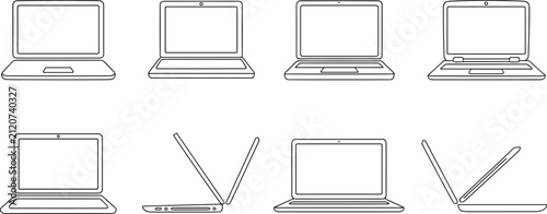 Laptop computer line icon collection featuring open devices from front and side view angle perspective views