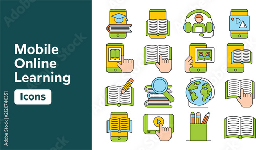 Mobile online learning icon set featuring smartphones books graduation cap globe headphones and digital education symbols