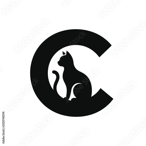 Minimalist Black Letter C with Cat Silhouette Vector Logo