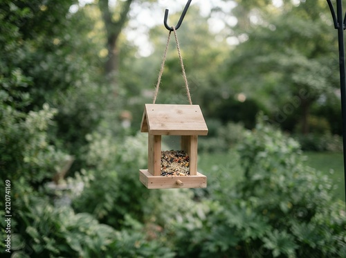 Wooden bird feeder hanging in a lush green garden setting.