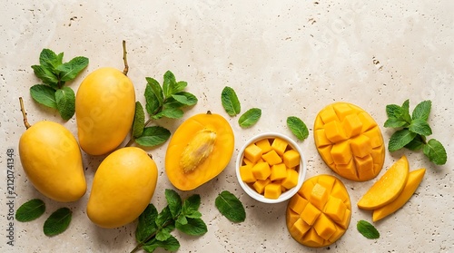 Fresh ripe mango fruits with green mint leaves on a light stone surface. ataulfo mango