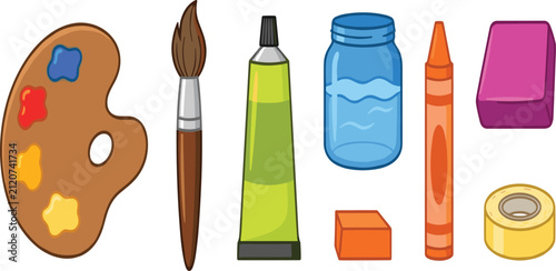 Art Supplies and Painting Tools Vector Icon Set Featuring Paint Palette, Paintbrush, Color Tube, Water Jar, Crayon, Eraser, Tape, and Cube Block