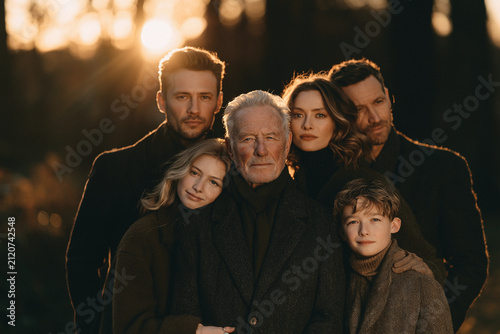 Multi Generation Family Standing Together in Enchanted Park at Sunset