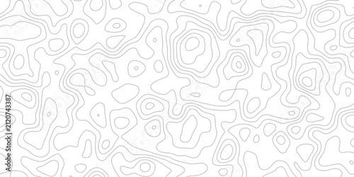 Fotografie A monochrome topographic map pattern of abstract contour lines forming irregular shapes and curves across the entire frame, suggesting elevation and terrain in a minimalist, scientific design