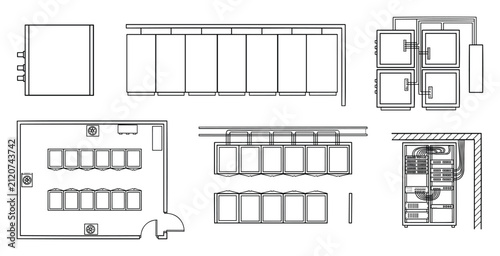 IT server room data racks technical drawings, black and white line art for data center planning, network design