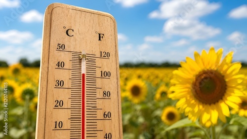 Wooden Thermometer Showing High Temperature with Blurred Sunflower Field and Blue Sky Background