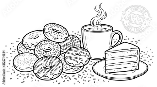 Obraz na plátně Black and White Line Art Illustration of Assorted Donuts, Coffee Cup with Steam,