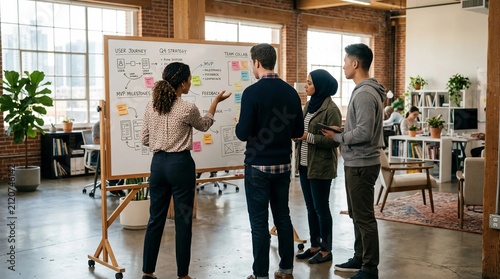 Diverse professional team collaborating on business strategy during a creative brainstorming session in modern industrial office space