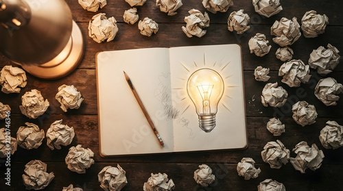glowing light bulb drawing on open notebook surrounded by crumpled paper balls on wooden desk for creative idea discovery and innovation concept
