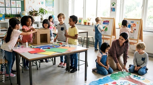 Children working on art project in classroom.