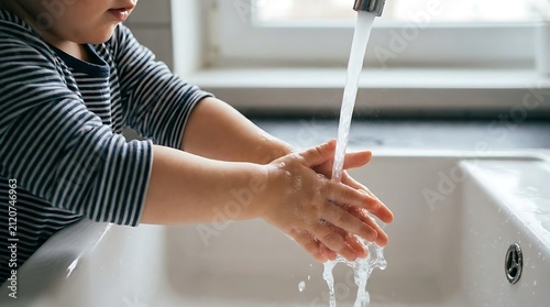 Child washing hands with running water in white sink.