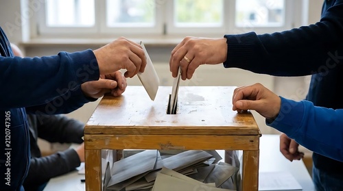 Citizens casting paper ballots into a wooden voting box.