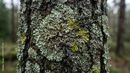 Close up of tree bark covered in lichen and moss in a forest setting.