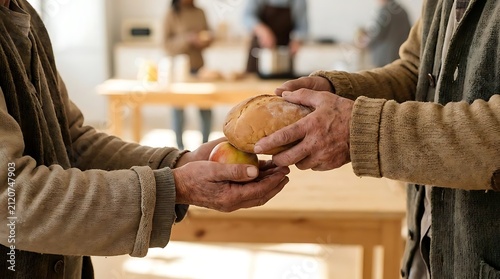 Close up of hands sharing fresh bread in kitchen.