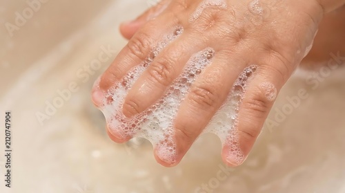 Close up of hands washing with soapy water.