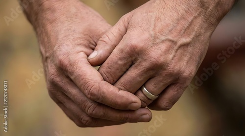 Close up of wrinkled hands holding with wedding ring.