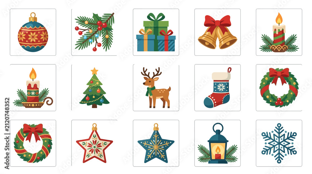 Fototapeta premium Set of decorative Christmas icons and holiday design elements.