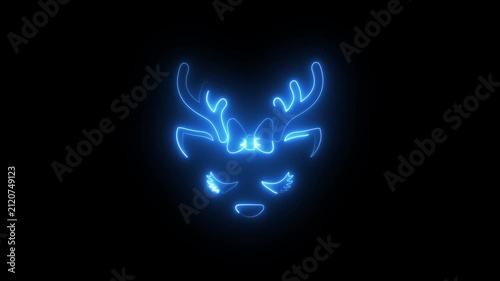 Glowing blue neon deer silhouette with bow on black background