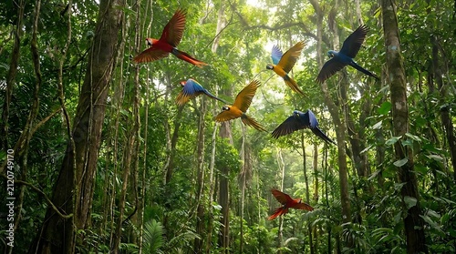 Colorful macaws flying through lush tropical jungle canopy.