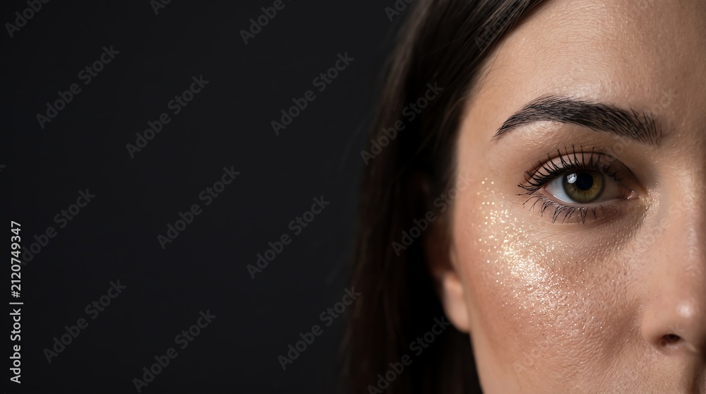 Fototapeta premium female eye macro with gold glitter makeup on cheek against dark background